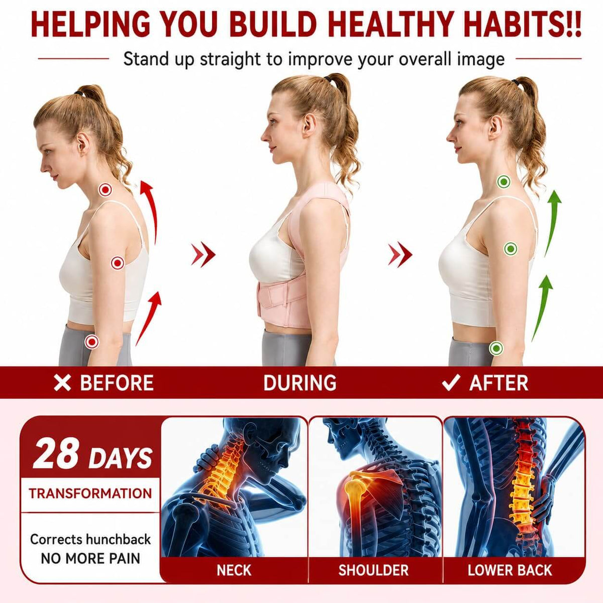 A promotional infographic showing three side-by-side views of a woman demonstrating posture improvement over 28 days: before, during, and after using a posture-support device. 