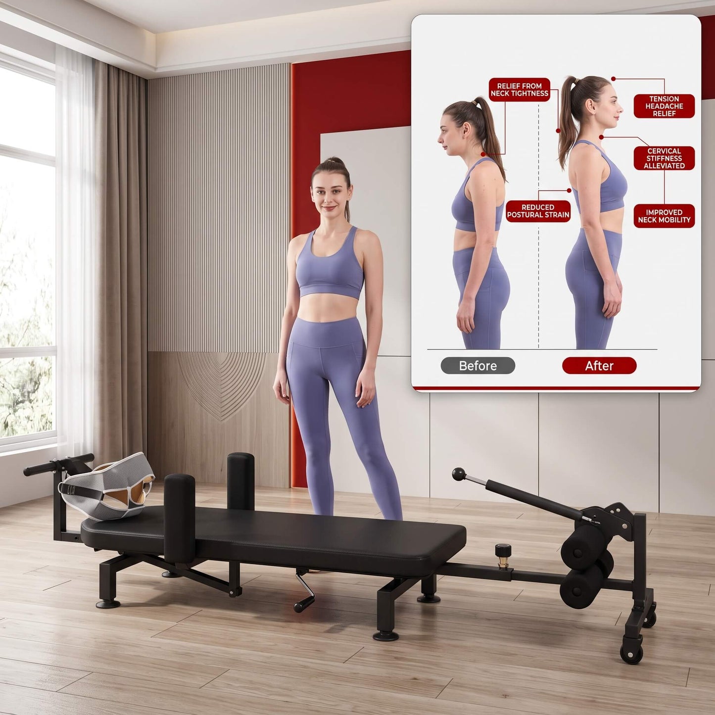 Woman in purple athletic wear standing next to a Full Body Stretching Machine with Cervical Traction & Spinal Decompression with a before and after illustration on the wall.