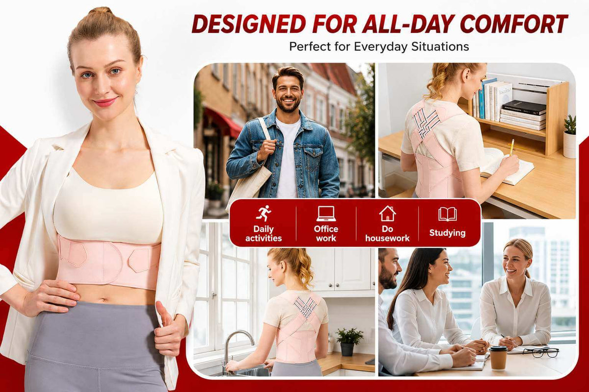 Promotional graphic for a pink waist trainer belt shown on a woman in a white jacket and gray skirt, with smaller lifestyle photos of a man and women using it for daily activities, office work, housework, and studying. Text at the top reads 'DESIGNED FOR ALL-DAY COMFORT' and 'Perfect for Everyday Situations'.