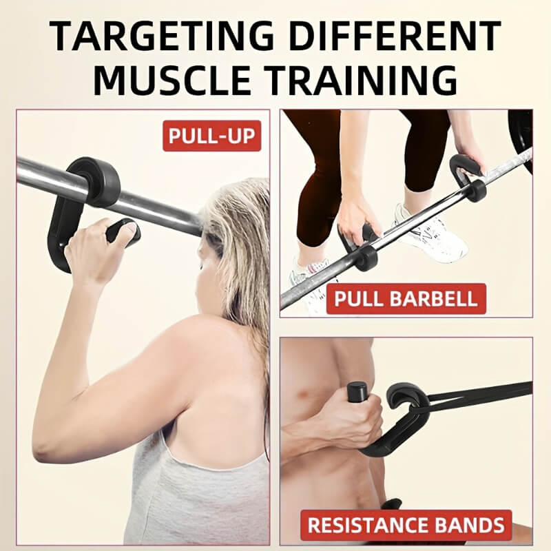 Illustration of different muscle training methods including pull-ups, pull barbell, and resistance bands.