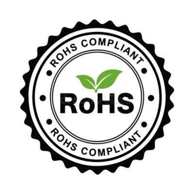 RoHS compliant stamp with a green leaf on a white background