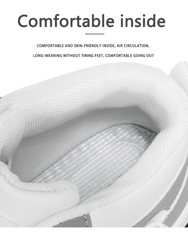 Close-up of a white sneaker with text highlighting comfort features