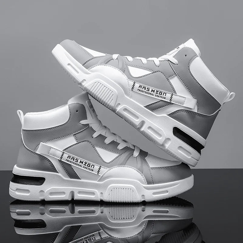 Gray and white sneakers with brand logo on a reflective surface and gray background