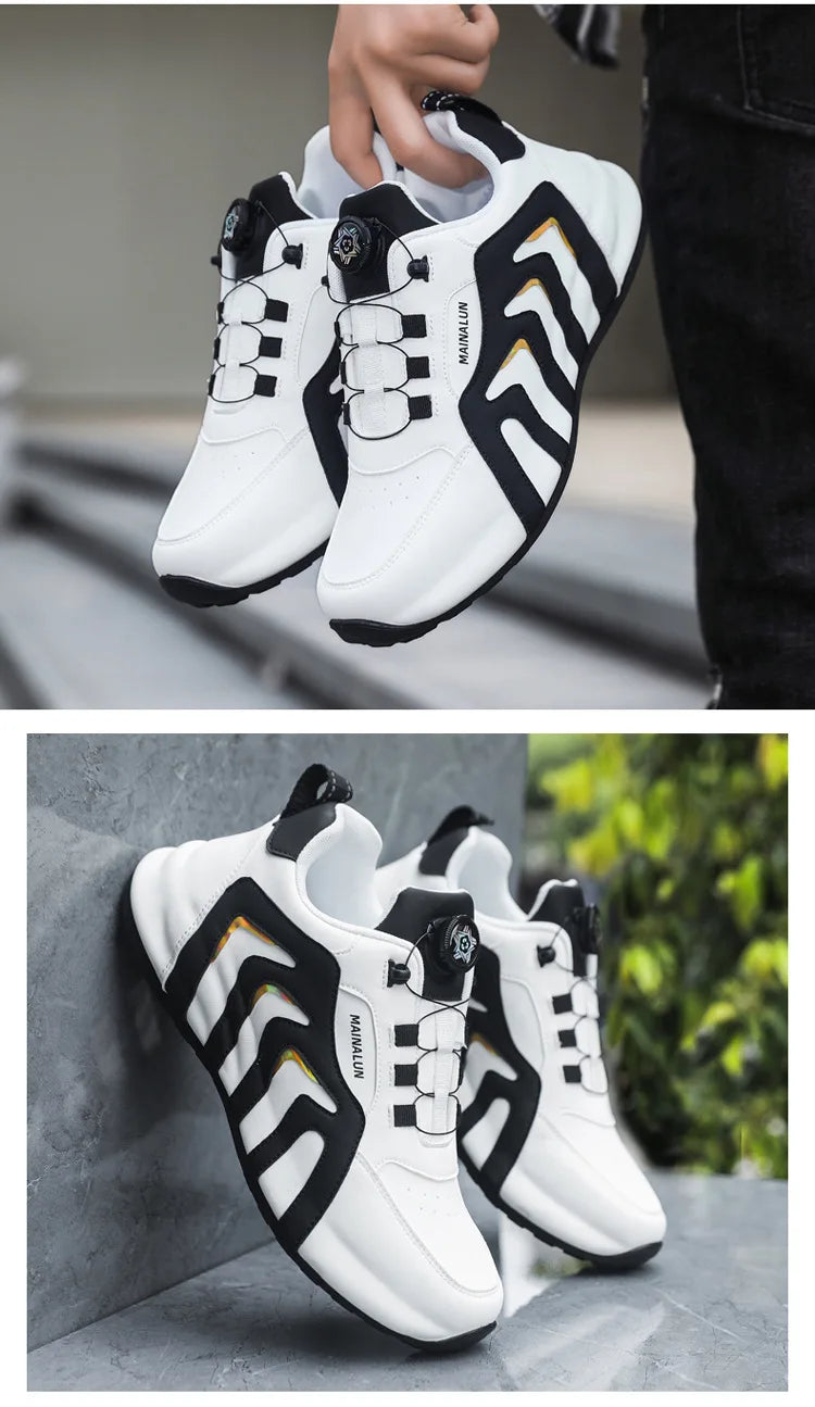 White and black sneakers with yellow accents on a neutral background