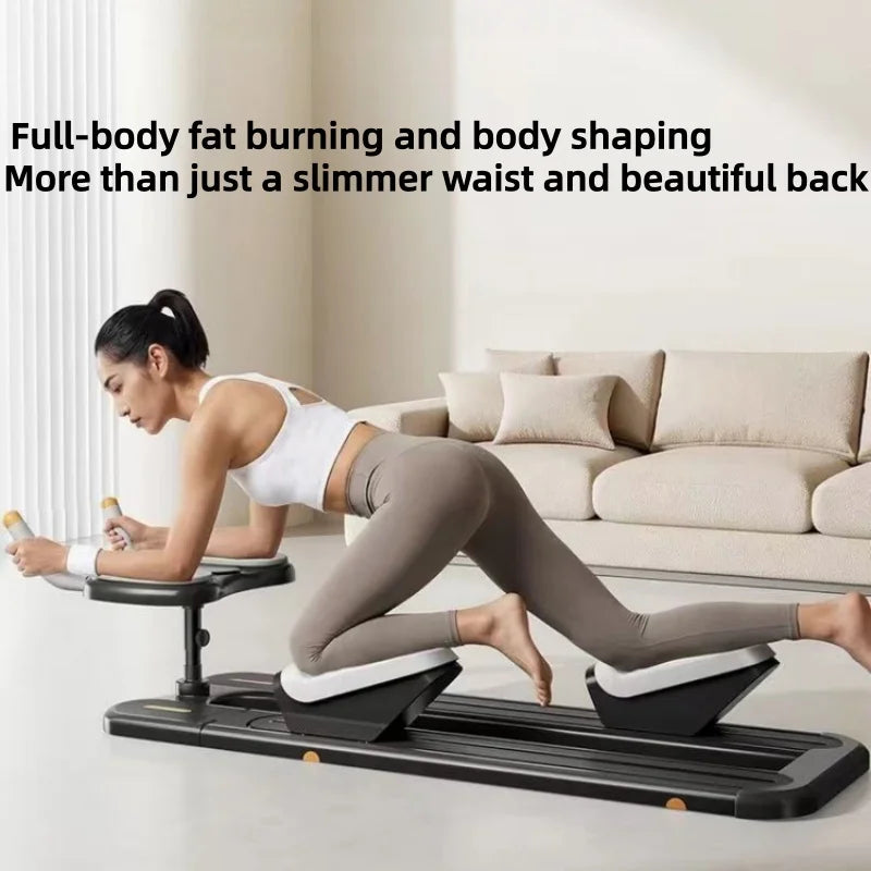 Woman using a Crawl & Spine Twist and Stretch Trainer in a living room setting with text about full-body fat burning.
