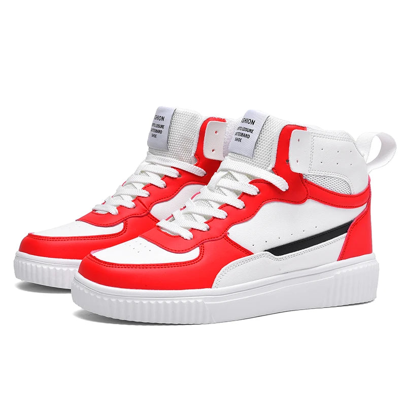 Red and white sneakers with black accents on a white background