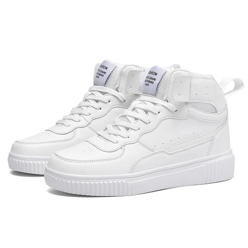 White high-top sneakers on a white background