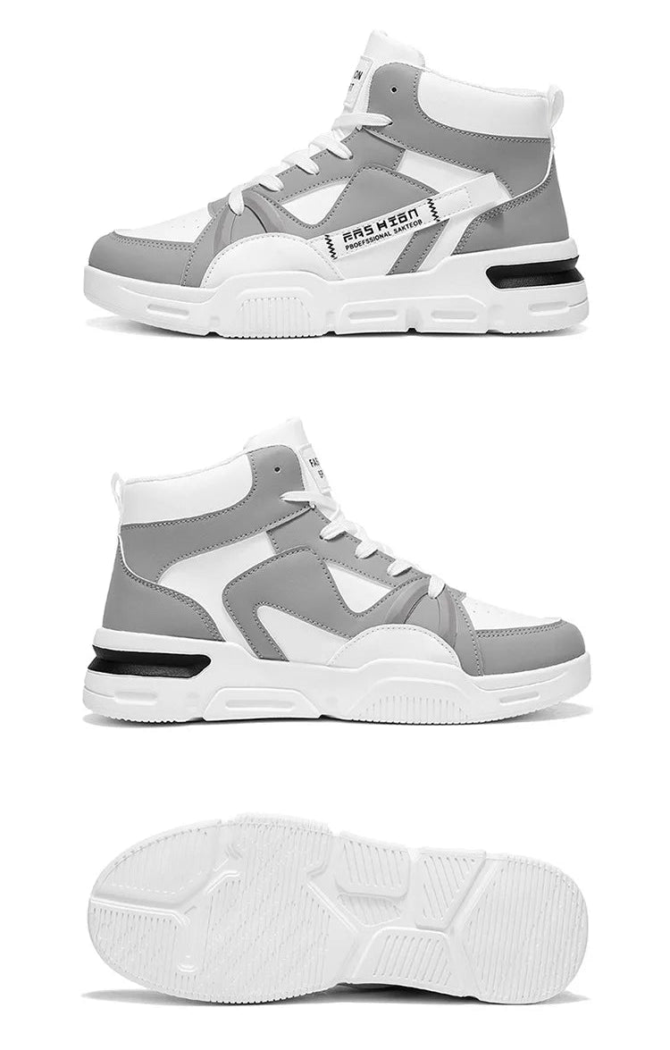 Gray and white high-top sneakers on a white background