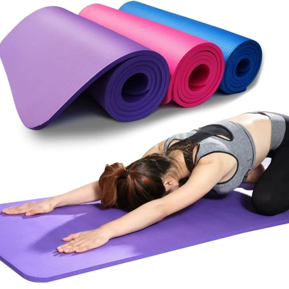 Woman stretching on a purple yoga mat with additional mats in purple, pink, and blue displayed above.
