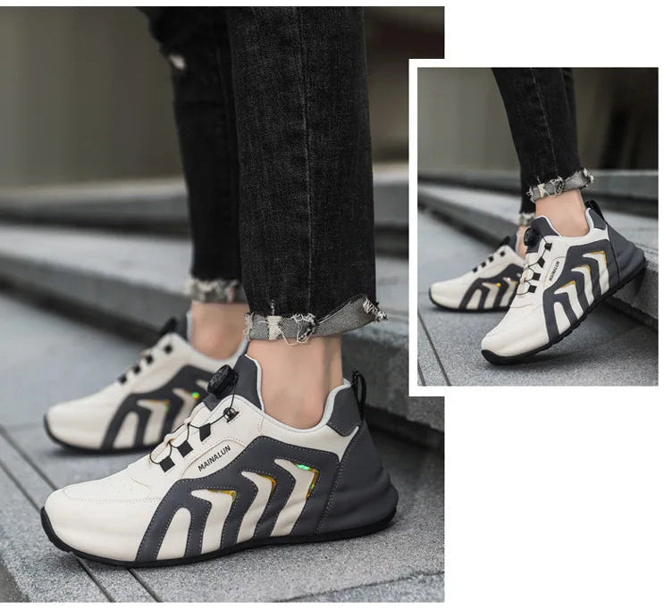 White and black sneakers worn by a person on a concrete surface with fashion-themed text overlay.