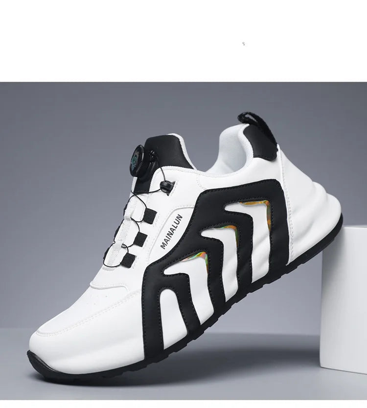 White and black sneaker with brand logo on a gray background