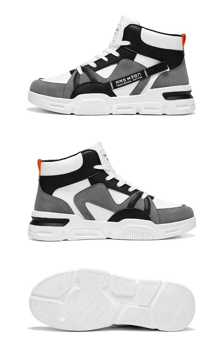 Gray and white high-top sneakers with black and orange accents on a white background