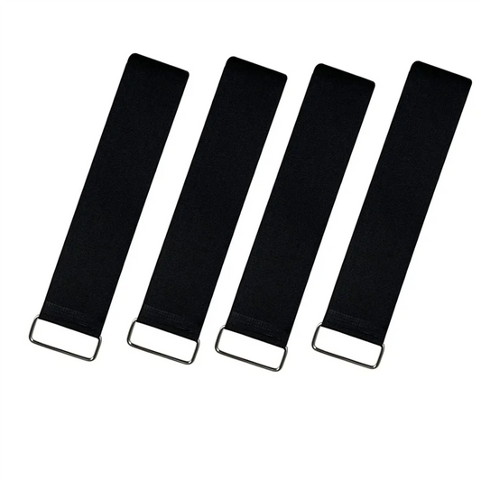 Four black bike pedal straps on a white background