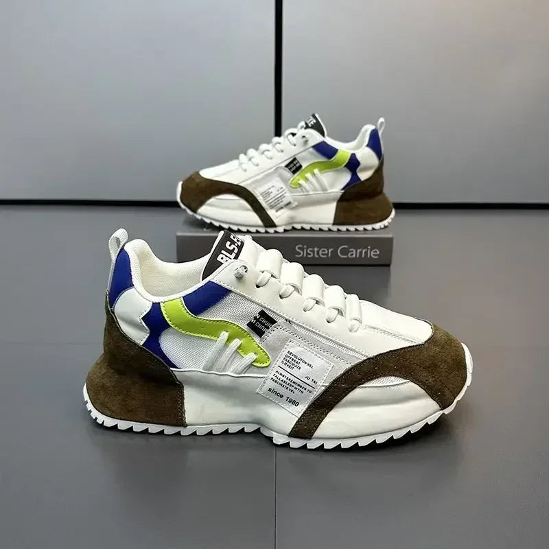 Pair of multicolored summer sneakers on a reflective surface with a neutral background