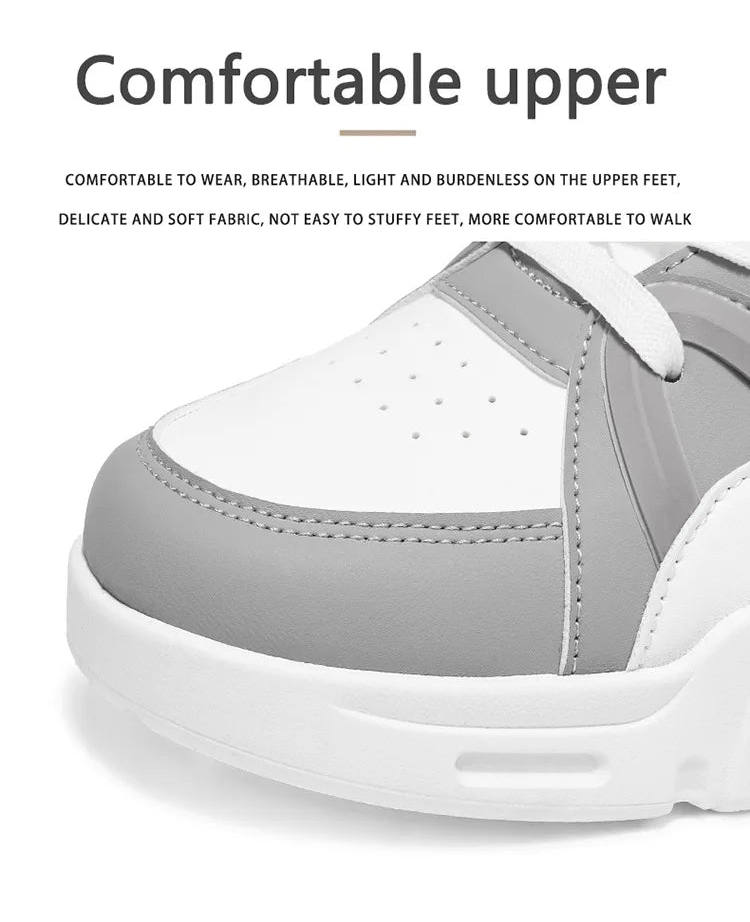 White and gray shoe with text highlighting comfort features on a white background
