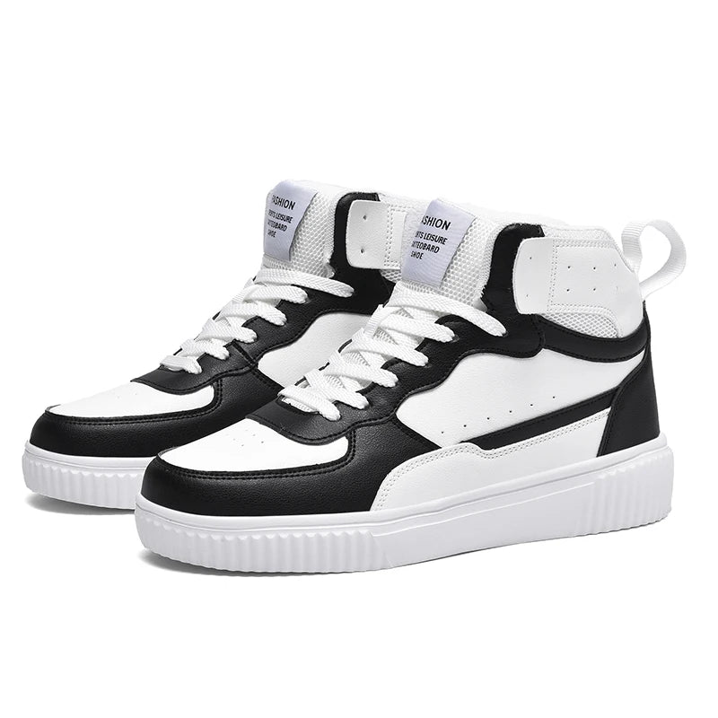 Black and white sneakers with visible branding on a white background