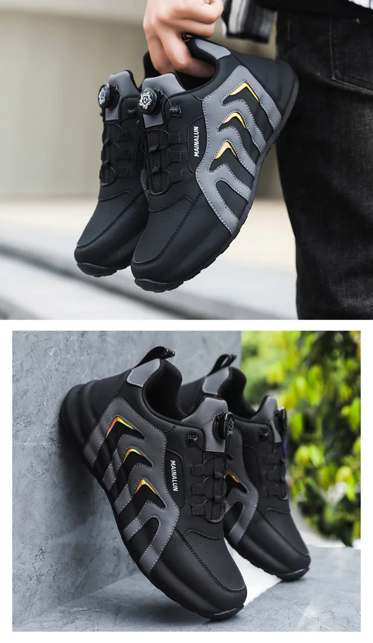 Black and gray sneakers with yellow accents on a neutral background