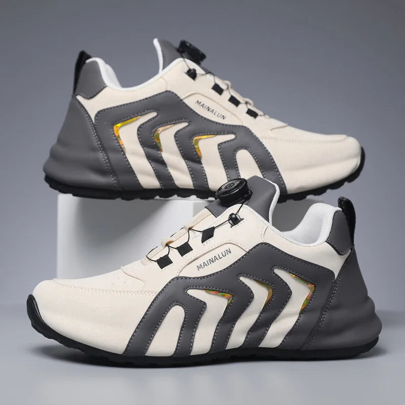 White and gray sneakers with geometric design on a gradient background