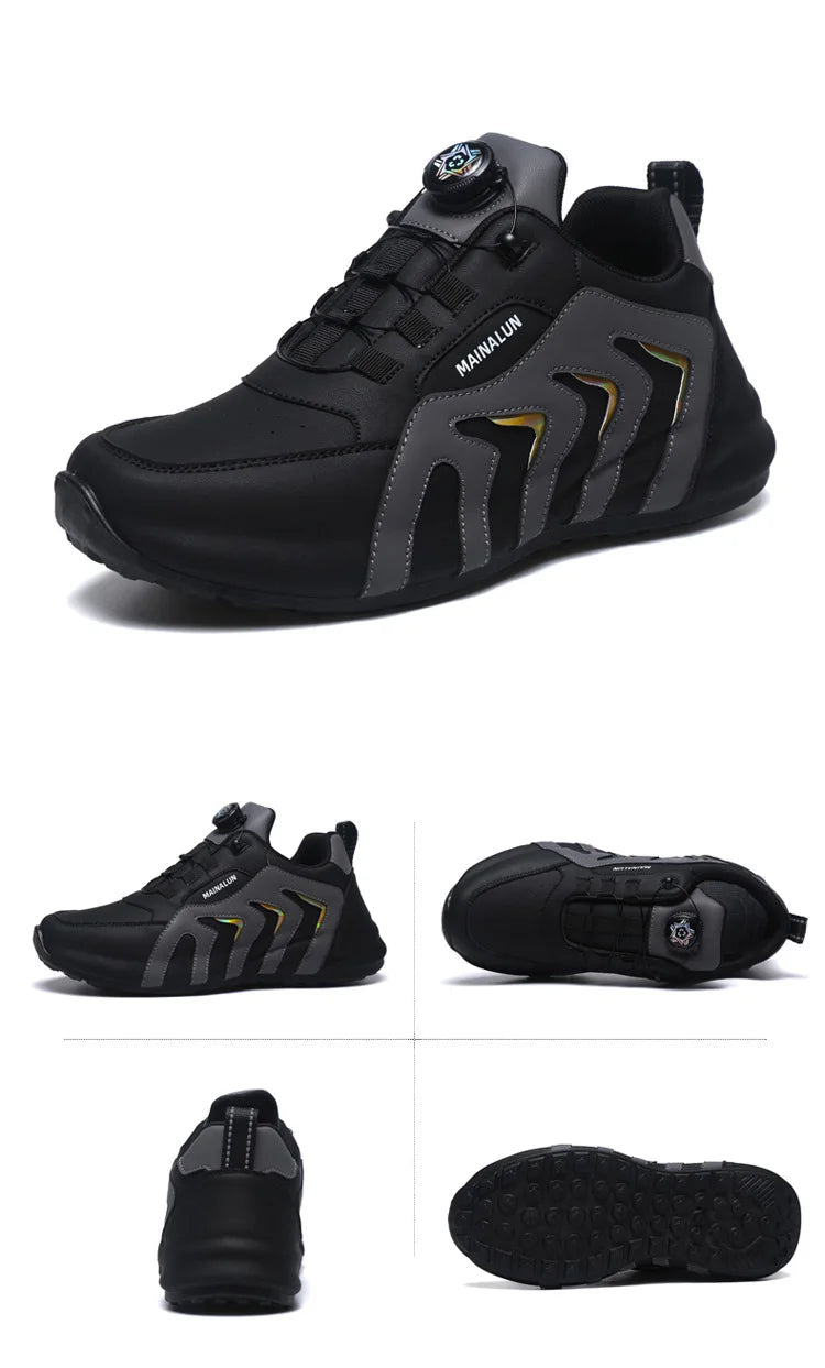 Black and gray athletic shoes with brand logo on a white background