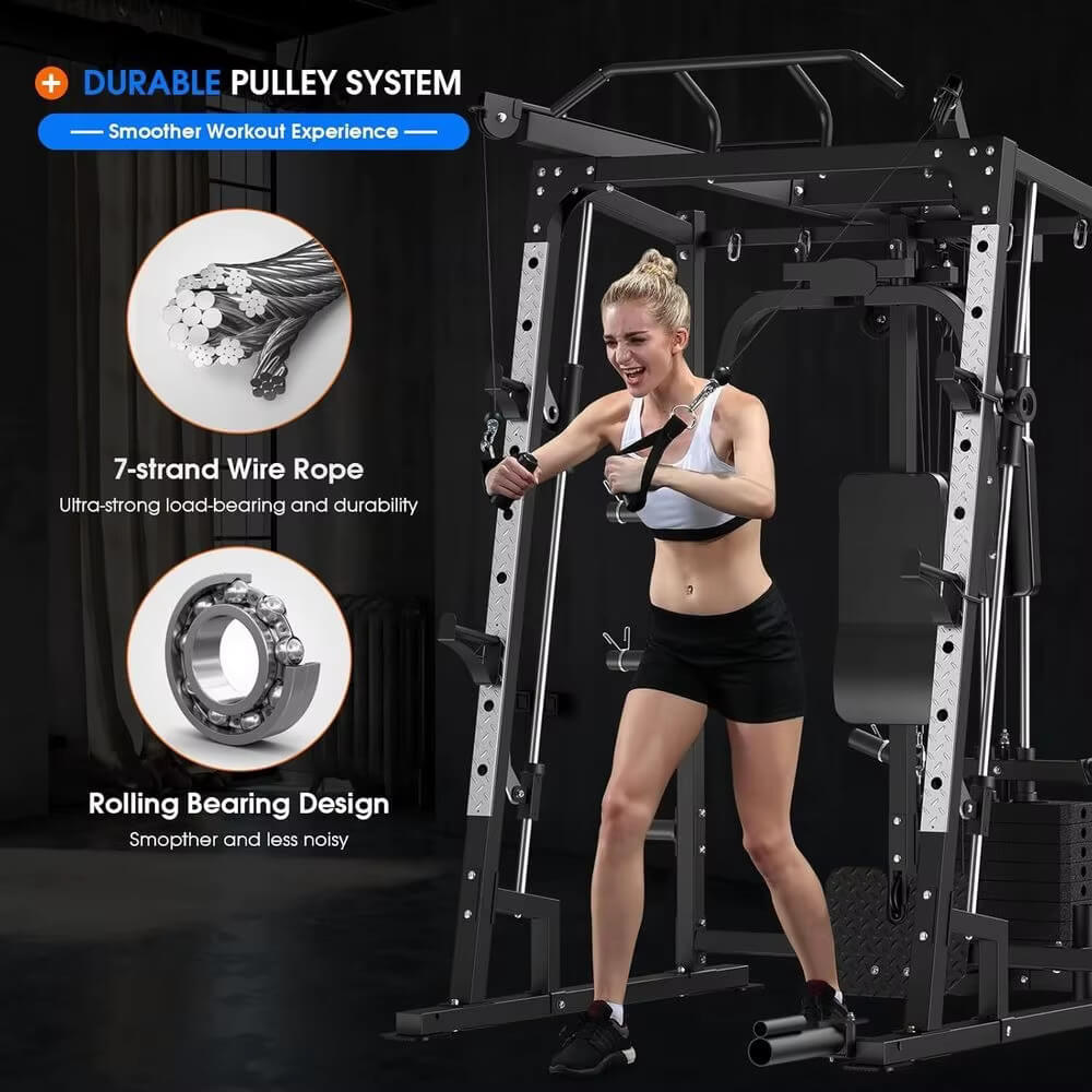 Woman exercising on a all in one smith machine with text highlighting durable pulley system and 7-strand wire rope.