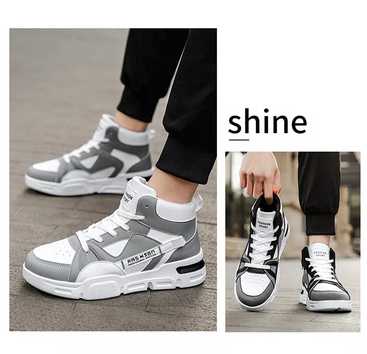 Gray and white sneakers worn by a person on a wooden floor with 'shine' text.