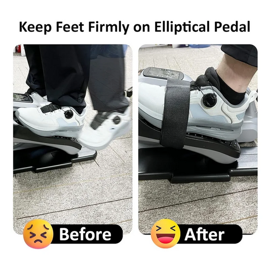Before and after comparison of feet on an elliptical pedal with a 4 Pcs Bike Pedal Straps, correct and incorrect foot positioning.