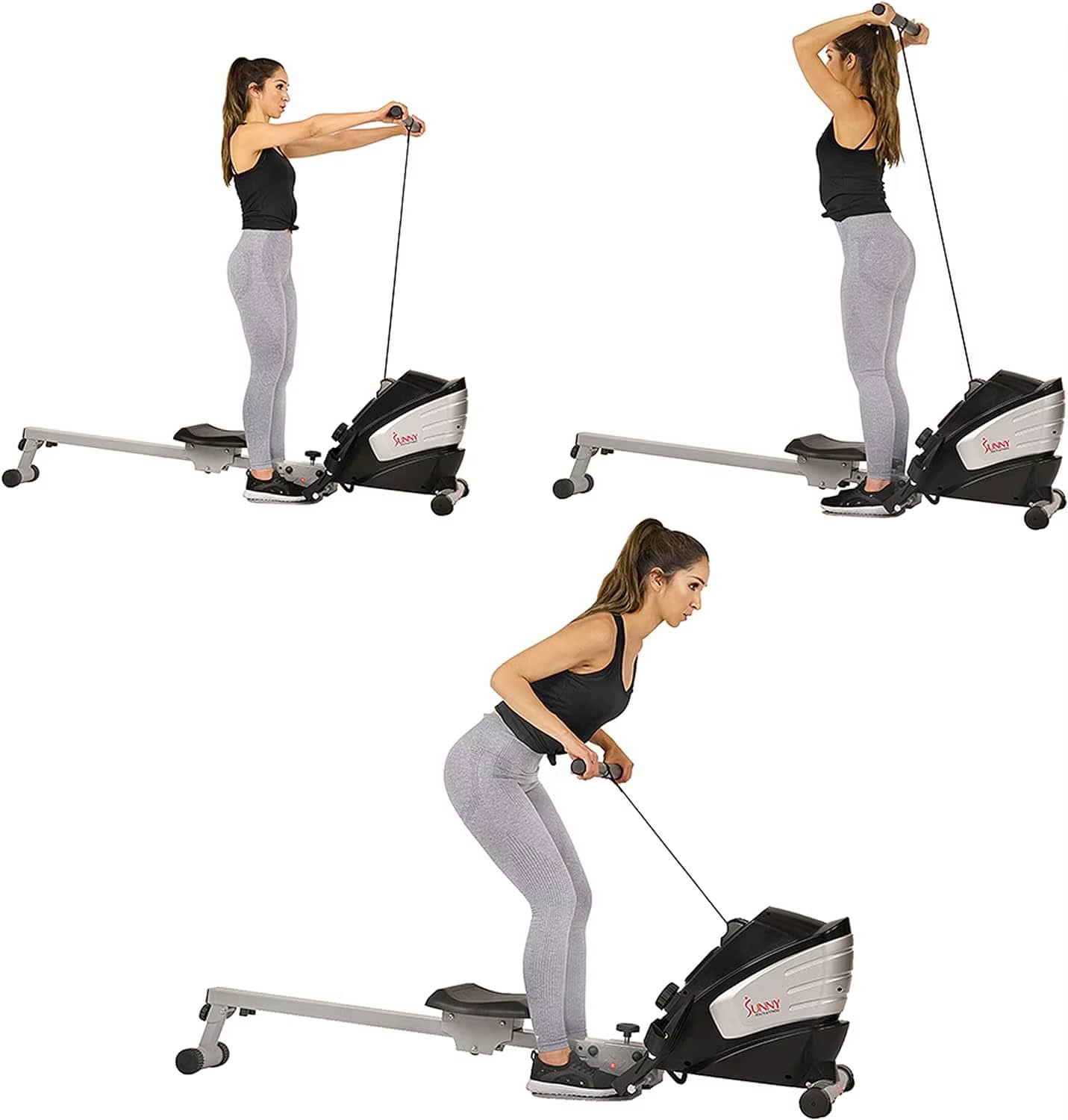 A woman working out with a sunny magnetic rowing machine sold by 100 Spartans