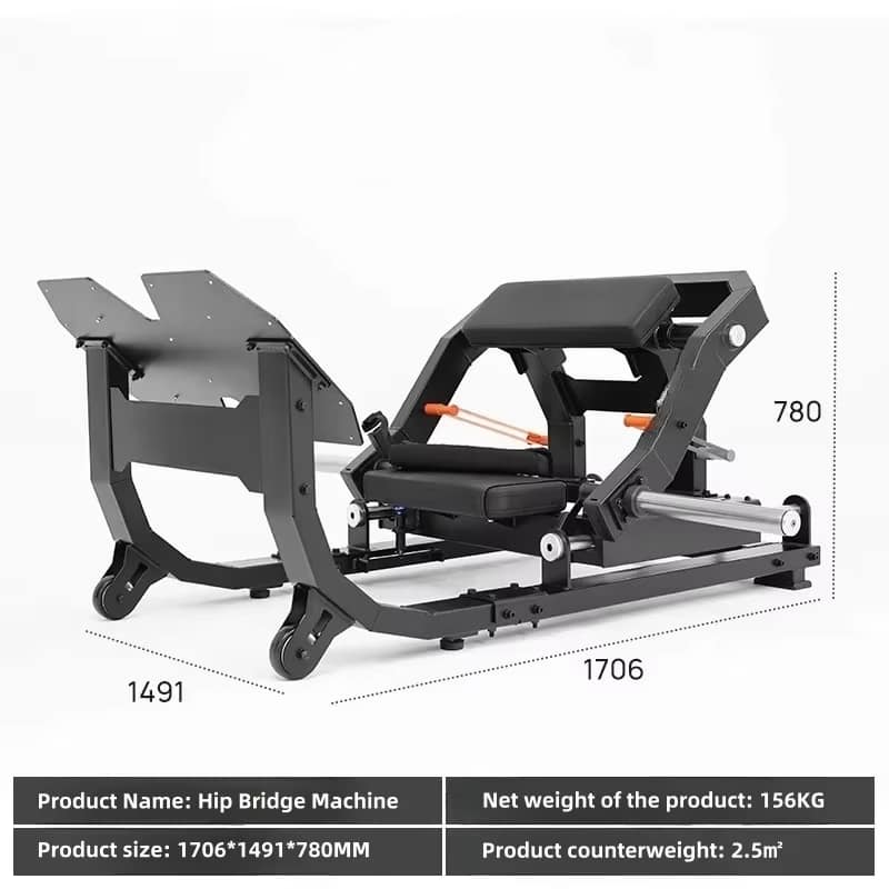 Dimension of a black hip thrust machine on a white background