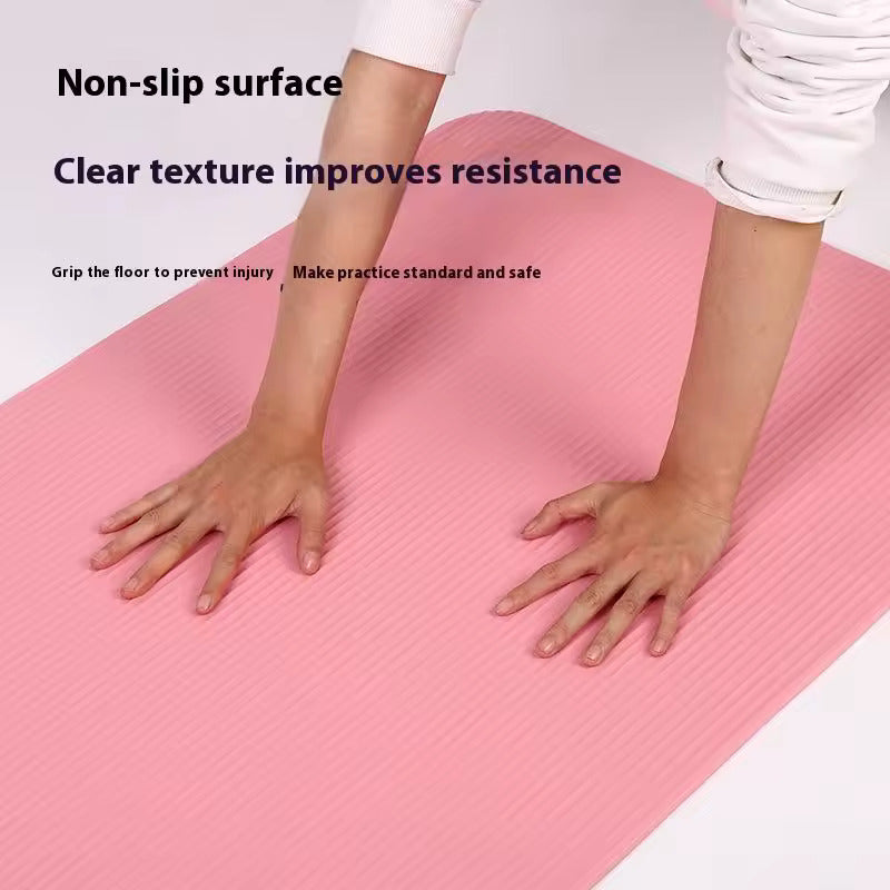 Person on a pink mat with text about non-slip surface and clear texture improving resistance.