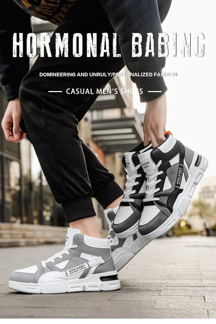 Person wearing black and white high-top sneakers with text about 'Hormonal Babing' on a blurred background.