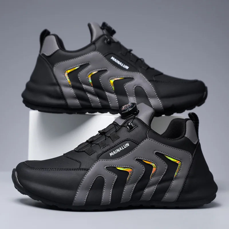 Black and gray athletic shoes with a reflective design on a gradient background