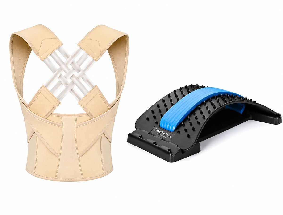 A beige posture corrector brace shown from the back alongside a black and blue spinal massage roller on a plain white background.