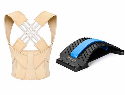 A beige posture corrector brace shown from the back alongside a black and blue spinal massage roller on a plain white background.