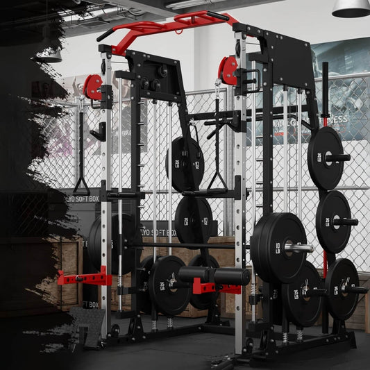 A smith machine with weights in a fitness center setting