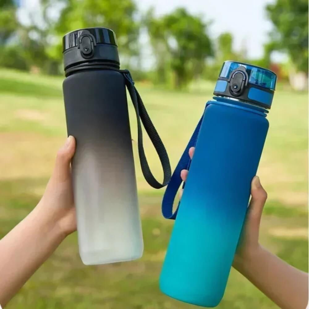 2 sport water bottle being held by 2 people.