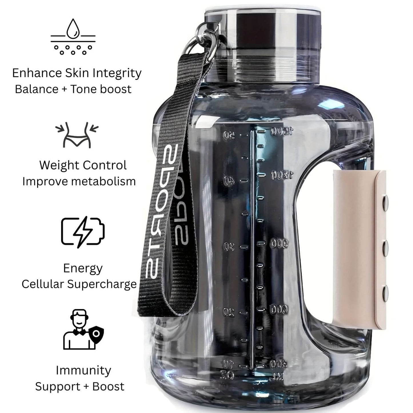 A grey portable hydrogen water bottle with handle and measurement markings, featuring health benefits text on a white background.