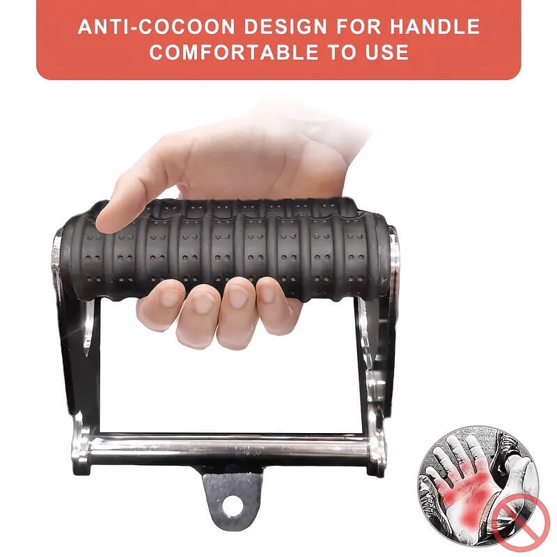 Hand holding a black and silver T bar row handle with text about an anti-cocoon design.