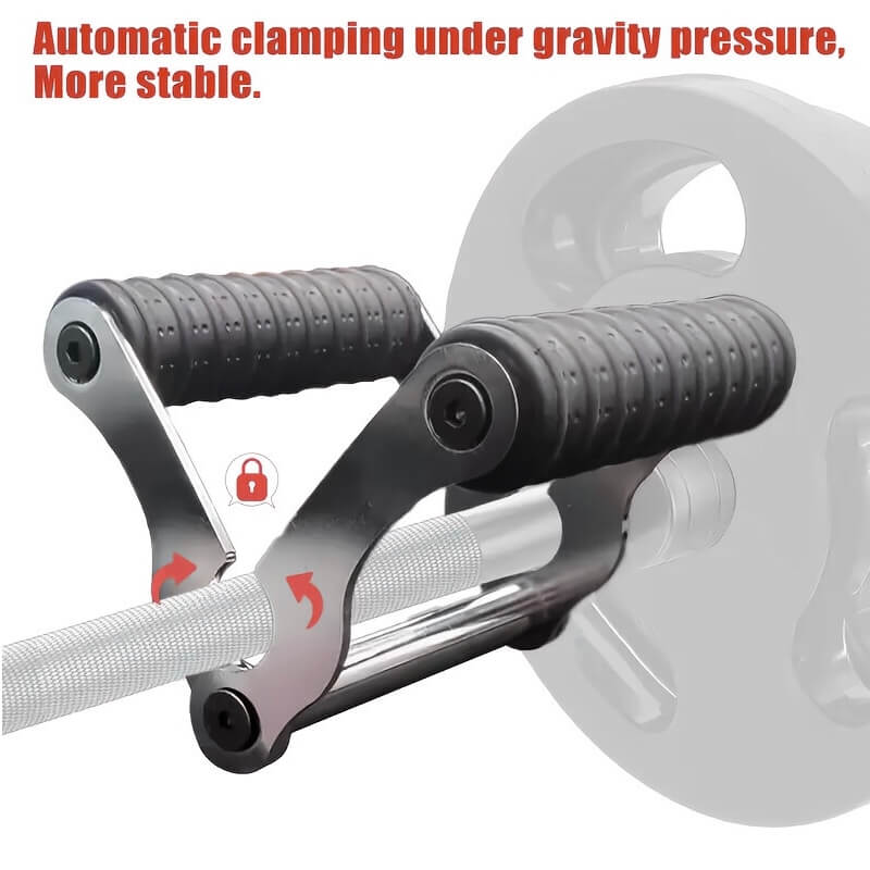 Barbell with a T bar row handle clamping mechanism under gravity pressure on a white background