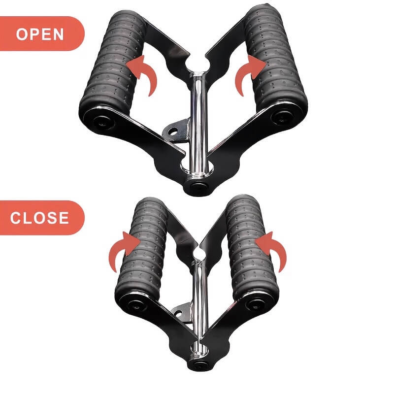 A T bar row handle showing open and closed positions with green labels and arrows.