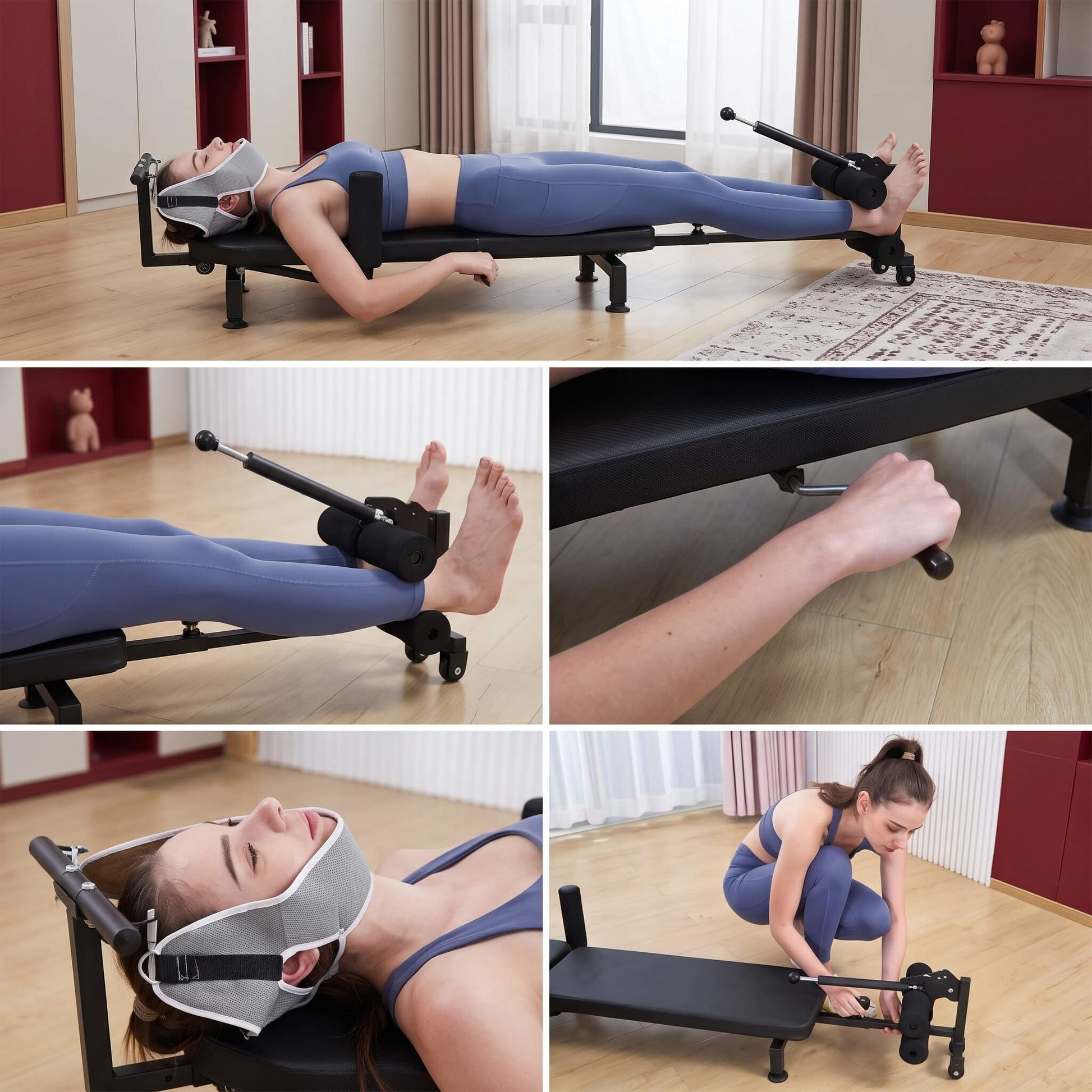 Woman using a home exercise machine in a living room setting