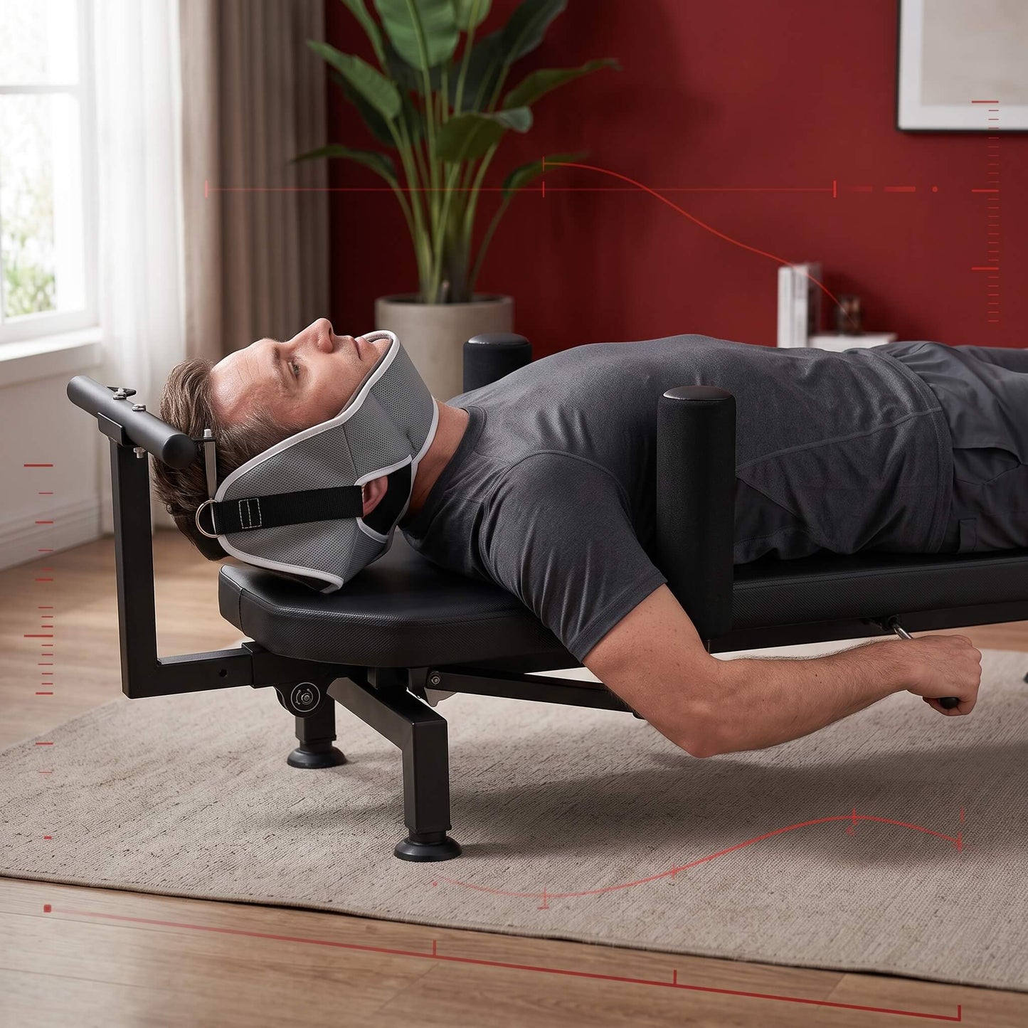 Person using a Full Body Stretching Machine with Cervical Traction & Spinal Decompression in a home setting