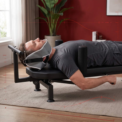 Person using a Full Body Stretching Machine with Cervical Traction & Spinal Decompression in a home setting