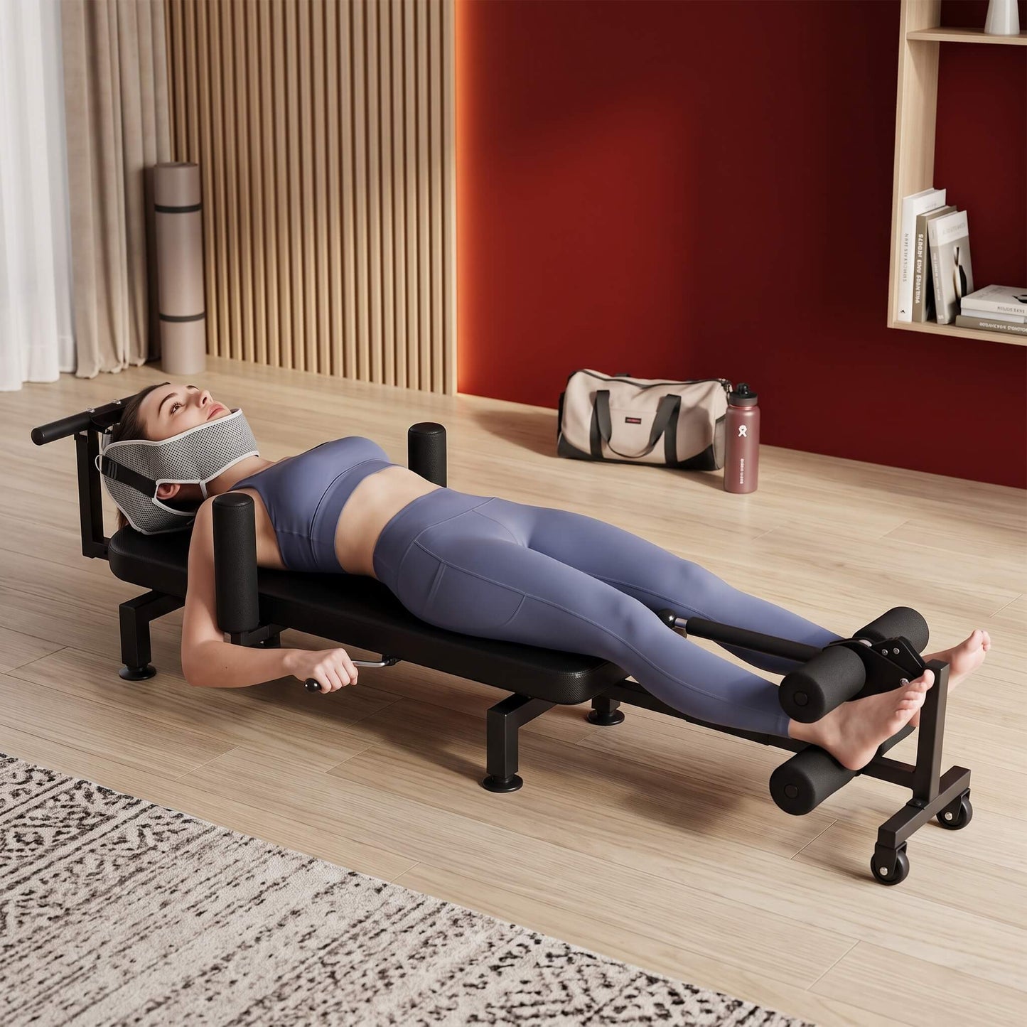 Woman using a Full Body Stretching Machine with Cervical Traction & Spinal Decompression in a room with a red wall and wooden floor.