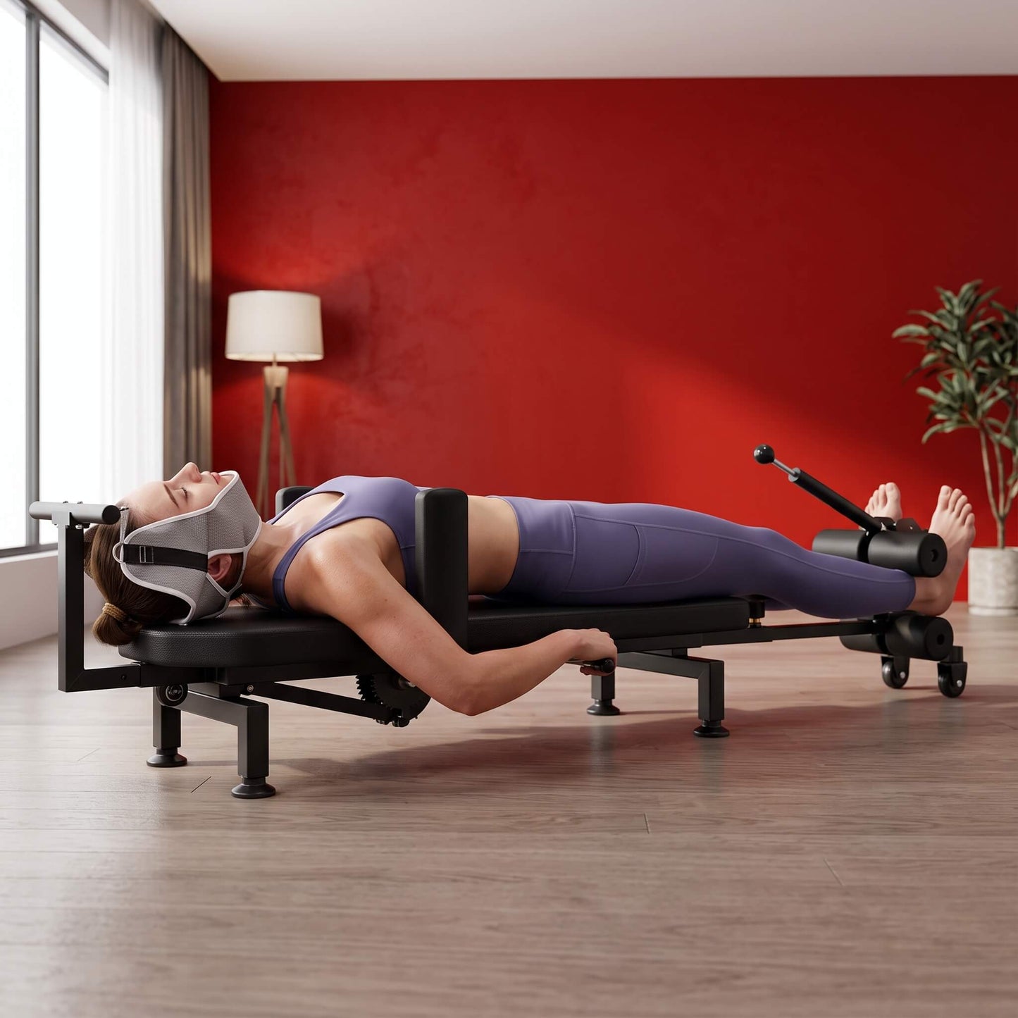 Woman using a Full Body Stretching Machine with Cervical Traction & Spinal Decompression in a room with a red wall and large window.