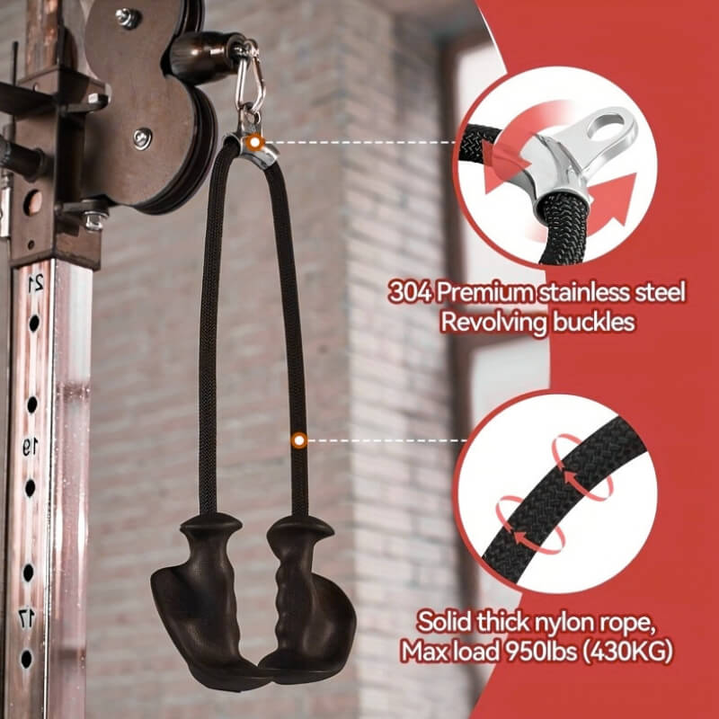 Tripcep rope attachment with 304 stainless steel revolving buckles and solid thick nylon rope on a red background.