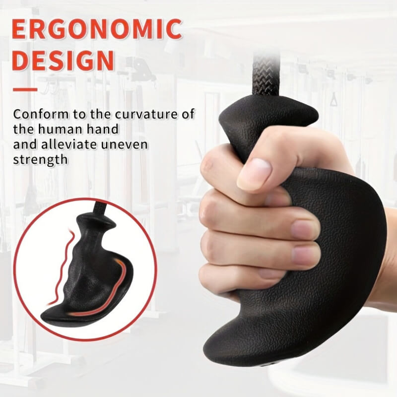Ergonomic tricep rope attachment with a hand holding it, labeled 'Ergonomic Design' on a white background.