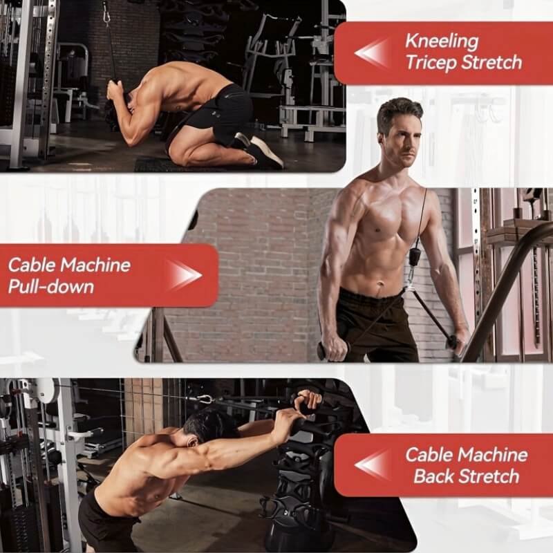 Gym workout routine with various exercises including tricep stretch, cable machine pull-down, and back stretch.