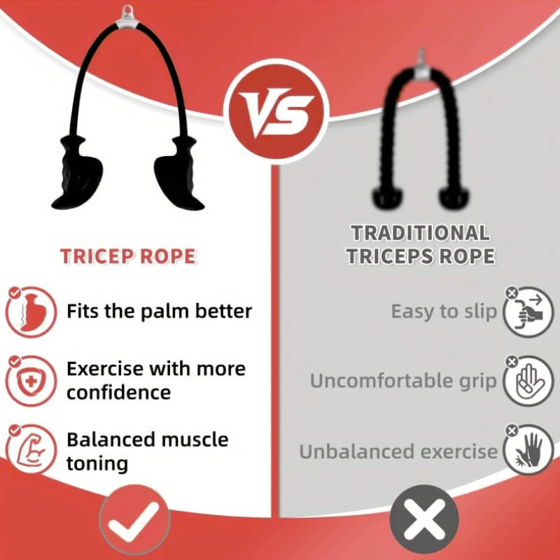 Comparison chart between tricep rope attachment and traditional triceps rope with pros and cons listed.