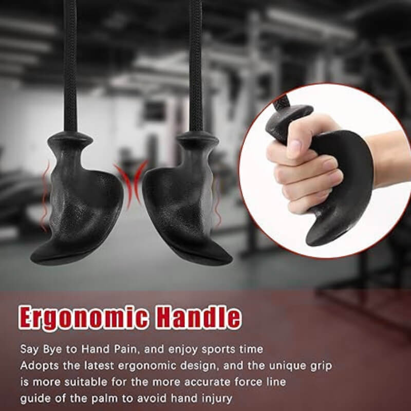 Ergonomic tricep rope attachment with a close-up of a hand gripping one, set against a blurred gym background.