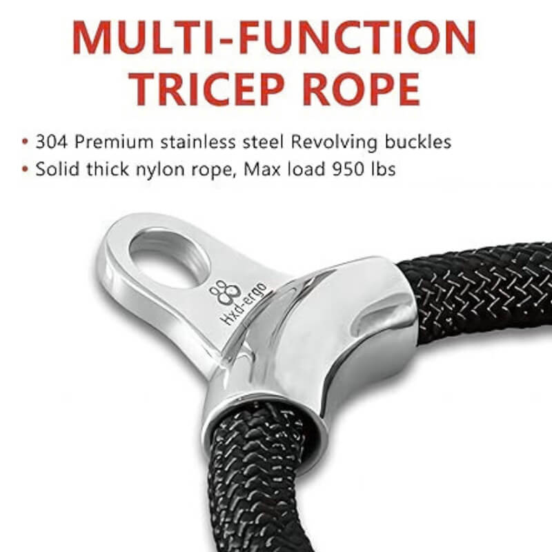 Multi-function tricep rope attachment with stainless steel revolvers and thick nylon rope on a white background